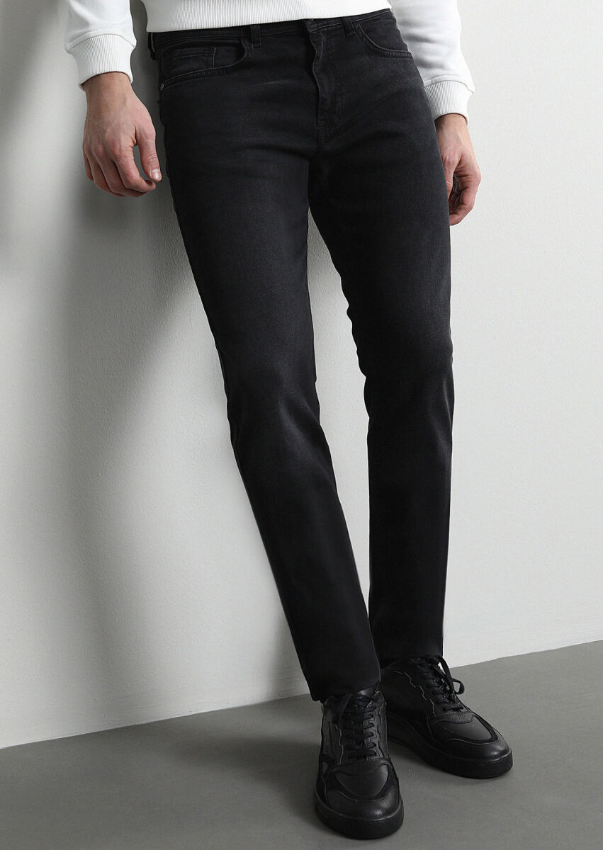 Antrasit Düz Slim Fit Denim Pamuk Karışımlı Pantolon - 3