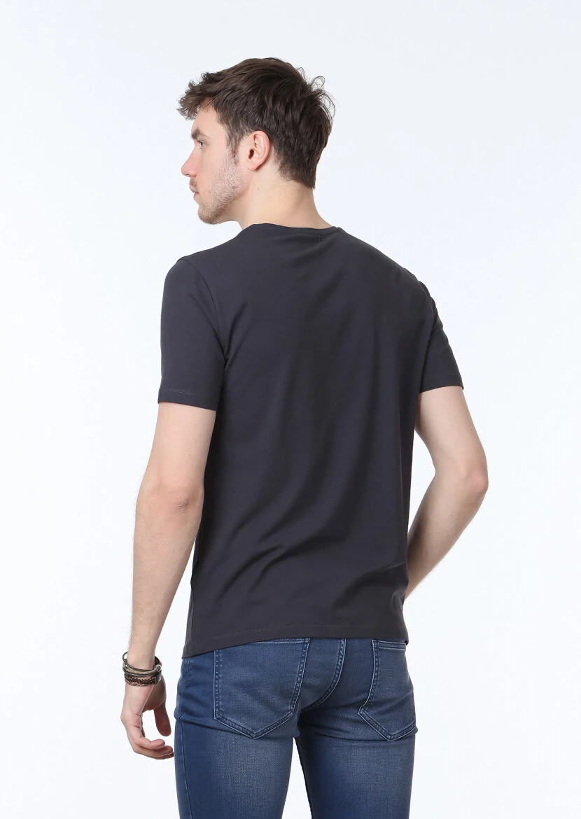 Antrasit Düz V Yaka Pamuk Karışımlı T-Shirt - 4