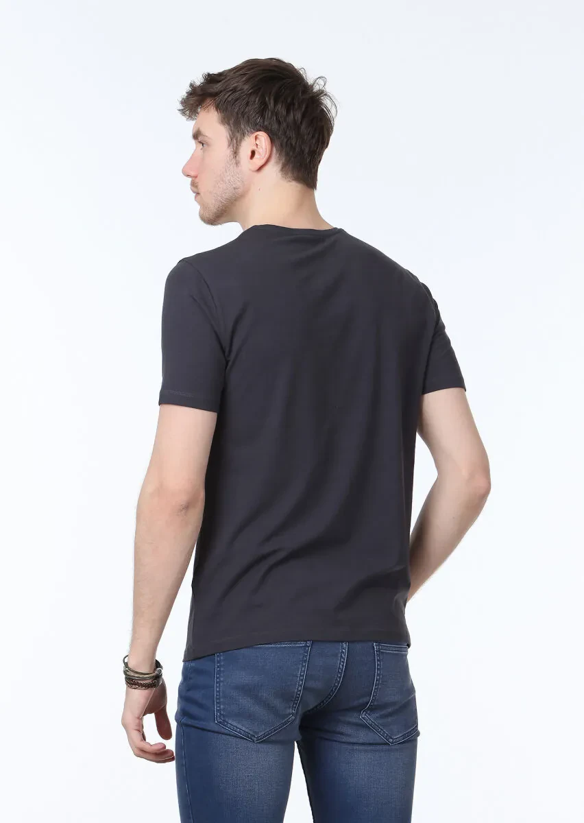 Antrasit Düz V Yaka Pamuk Karışımlı T-Shirt - 4