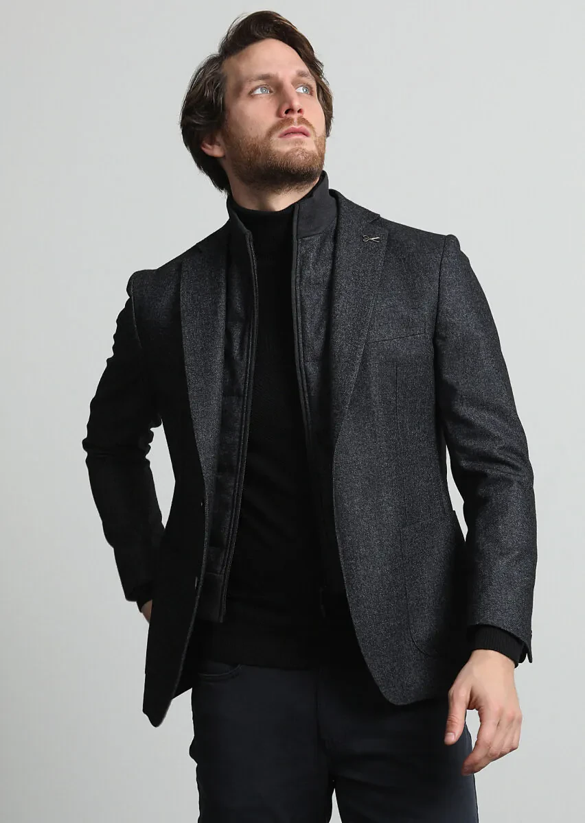 Antrasit Düz Zeroweight Slim Fit Yün Karışımlı Ceket - 3