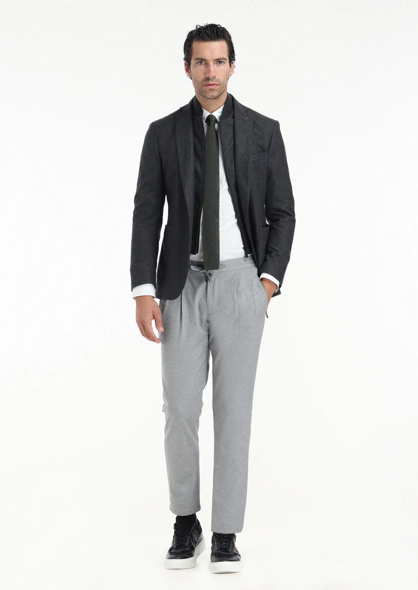 Antrasit Düz Zeroweight Slim Fit Yün Karışımlı Ceket - 1