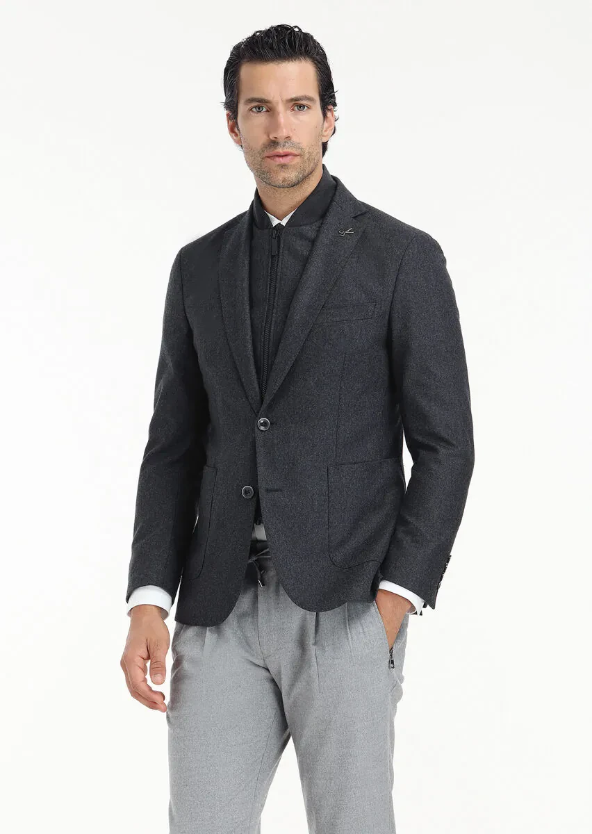 Antrasit Düz Zeroweight Slim Fit Yün Karışımlı Ceket - 2
