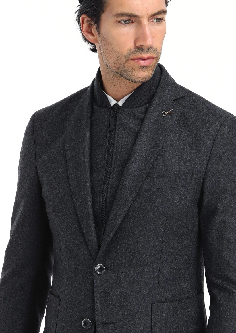 Antrasit Düz Zeroweight Slim Fit Yün Karışımlı Ceket - 3