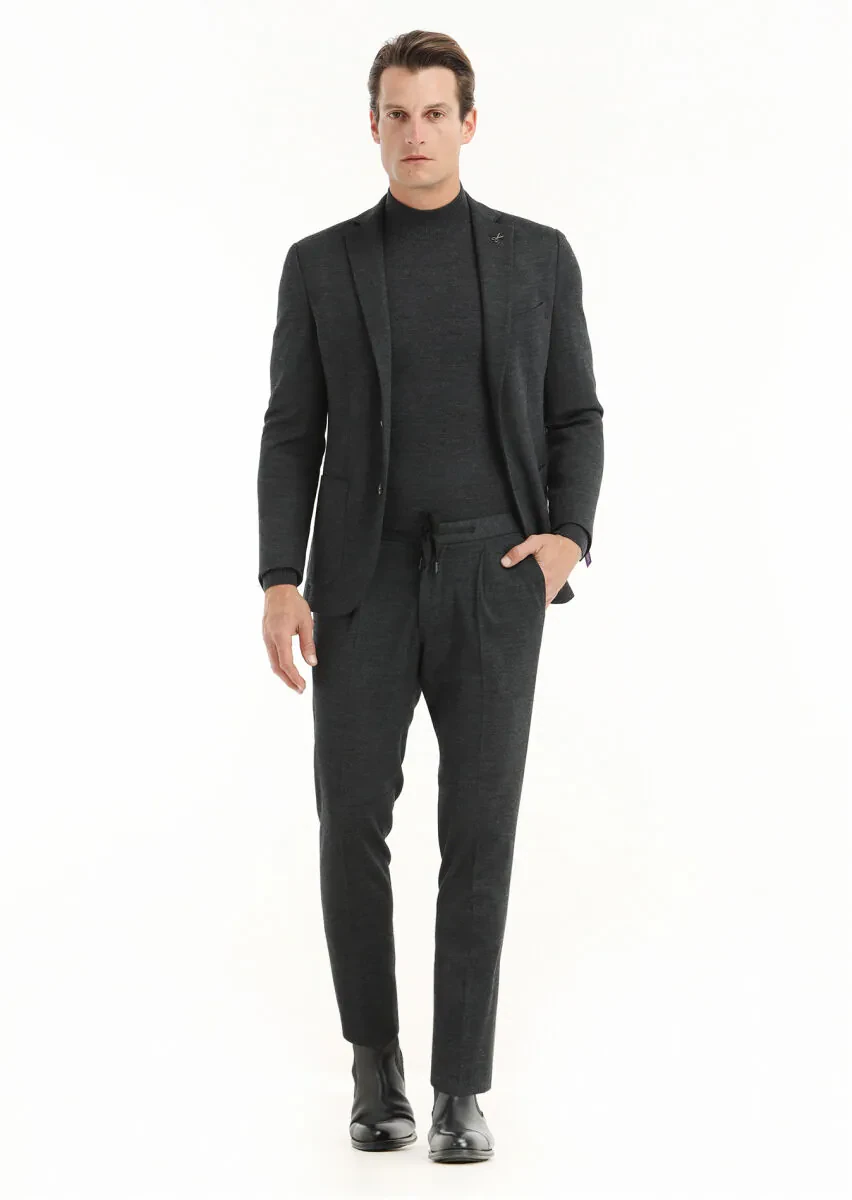 Antrasit Düz Zeroweight Slim Fit Yün Karışımlı Örme Takım Elbise - 1
