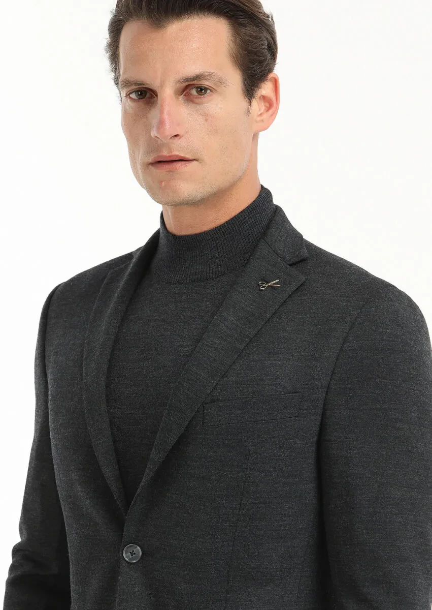 Antrasit Düz Zeroweight Slim Fit Yün Karışımlı Örme Takım Elbise - 2