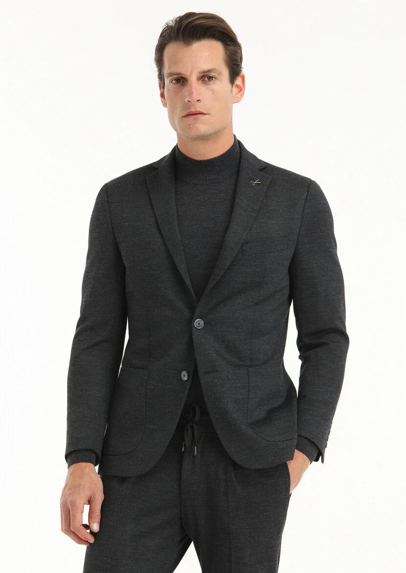 Antrasit Düz Zeroweight Slim Fit Yün Karışımlı Örme Takım Elbise - 3