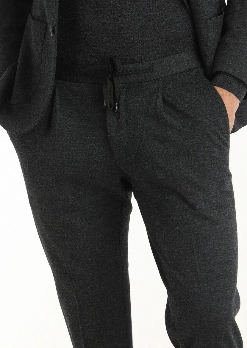 Antrasit Düz Zeroweight Slim Fit Yün Karışımlı Örme Takım Elbise - 4