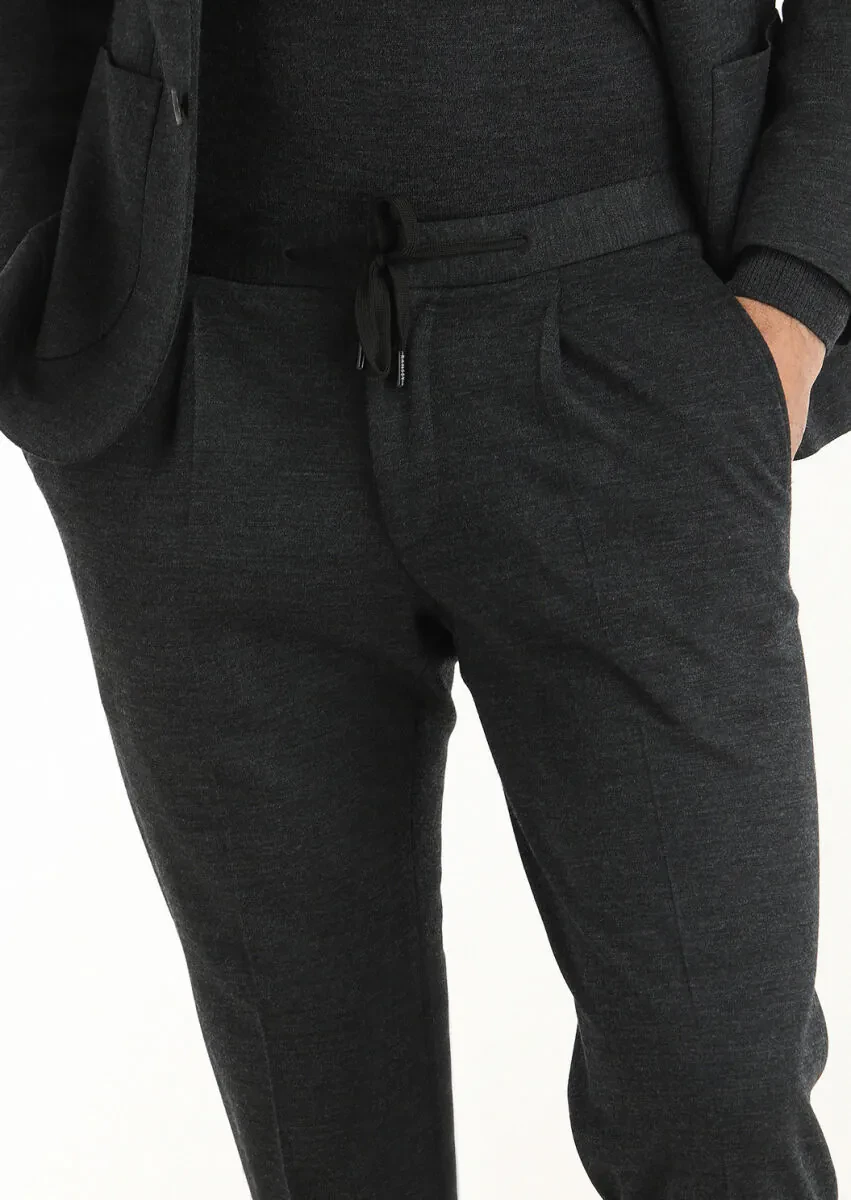 Antrasit Düz Zeroweight Slim Fit Yün Karışımlı Örme Takım Elbise - 4