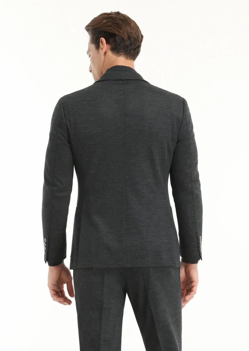 Antrasit Düz Zeroweight Slim Fit Yün Karışımlı Örme Takım Elbise - 5