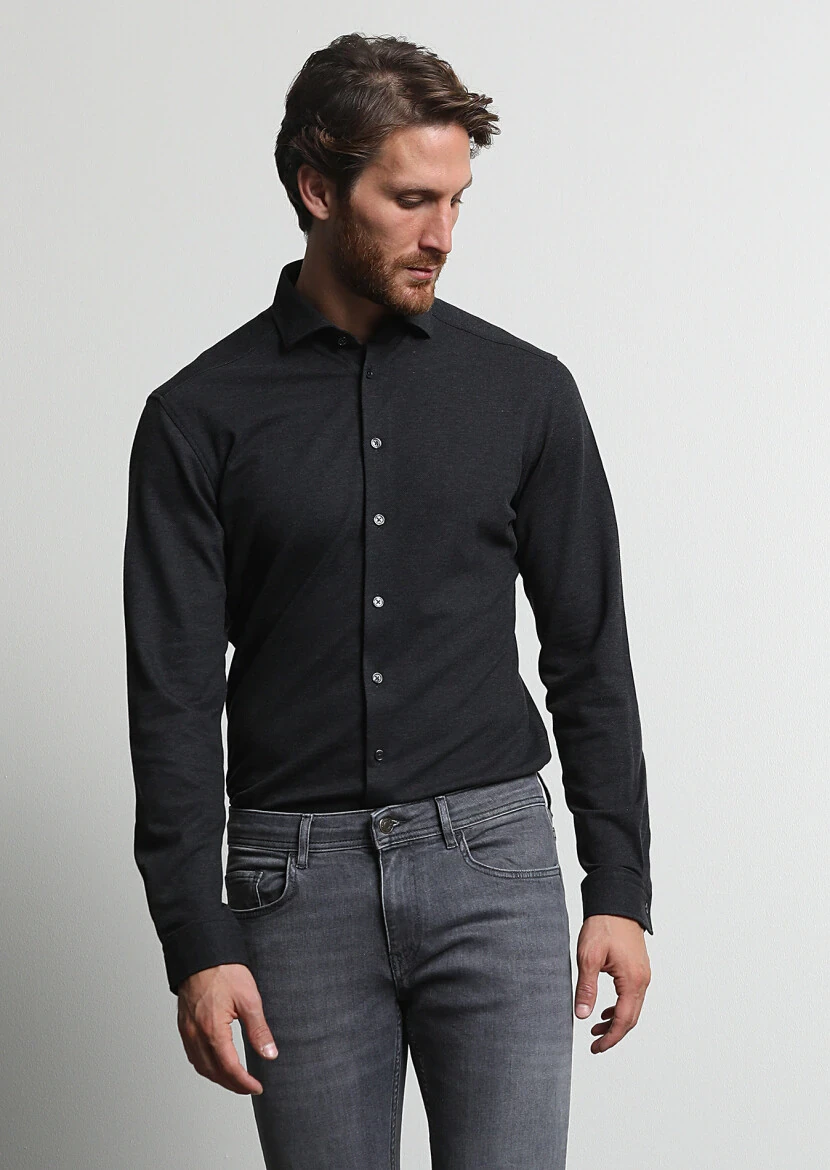 Antrasit Fitted Fit Casual %100 Pamuk Gömlek - 4