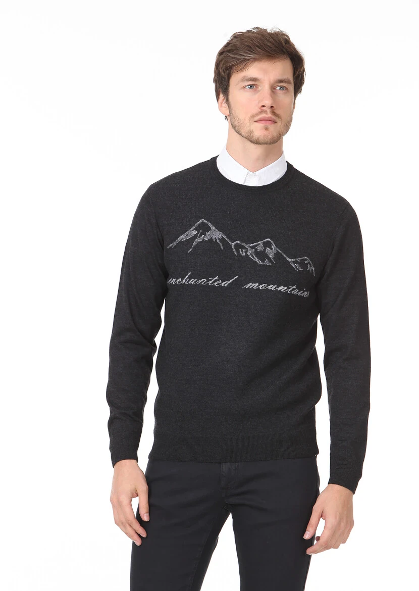 Antrasit Jakarlı Yün Karışımlı Triko Kazak - 1