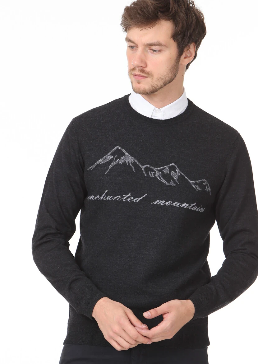 Antrasit Jakarlı Yün Karışımlı Triko Kazak - 2