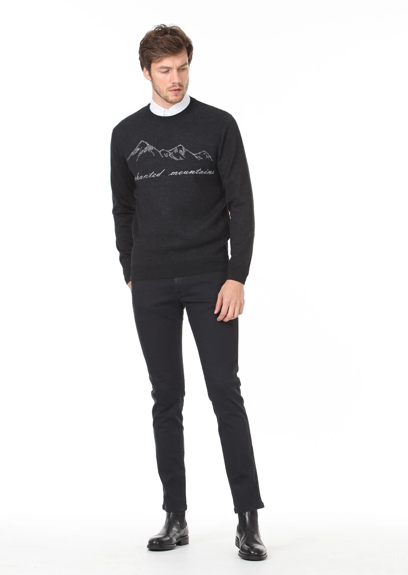 Antrasit Jakarlı Yün Karışımlı Triko Kazak - 3