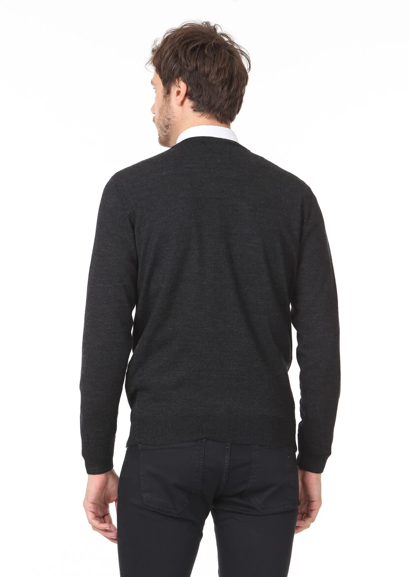Antrasit Jakarlı Yün Karışımlı Triko Kazak - 4