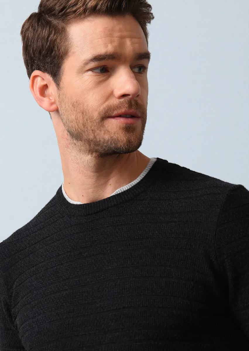 Antrasit Jakarlı Yün Karışımlı Triko Kazak - 1