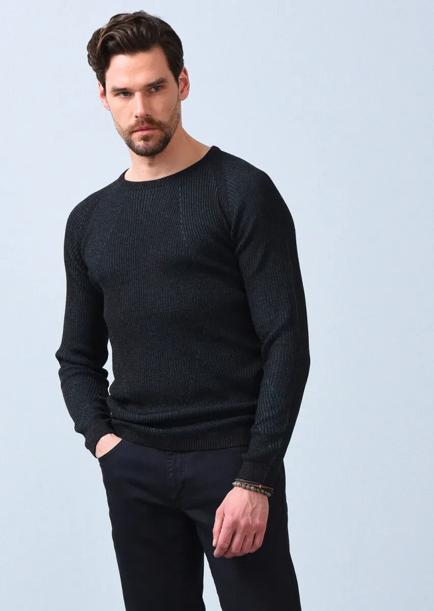 Antrasit Jakarlı Yün Karışımlı Triko Kazak - 1