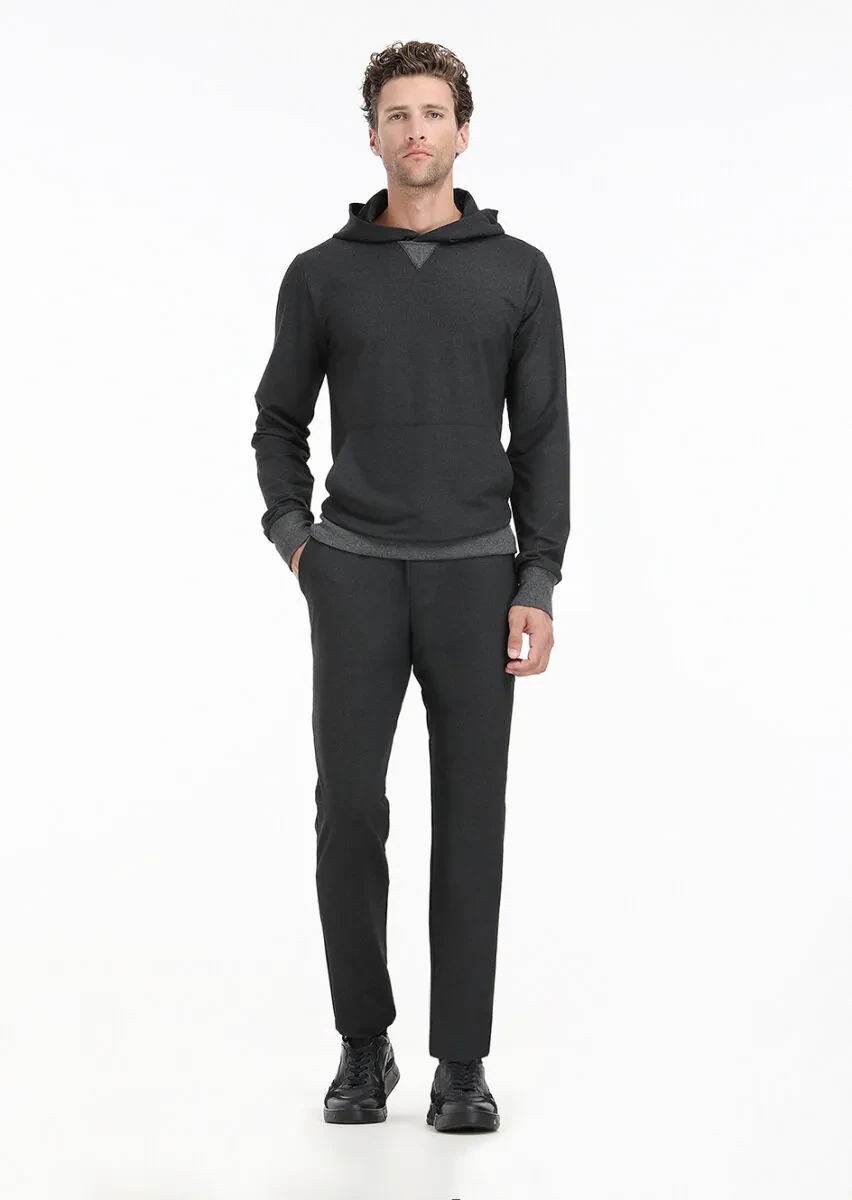 Antrasit Kapüşonlu Çizgili Sweatshırt - 1