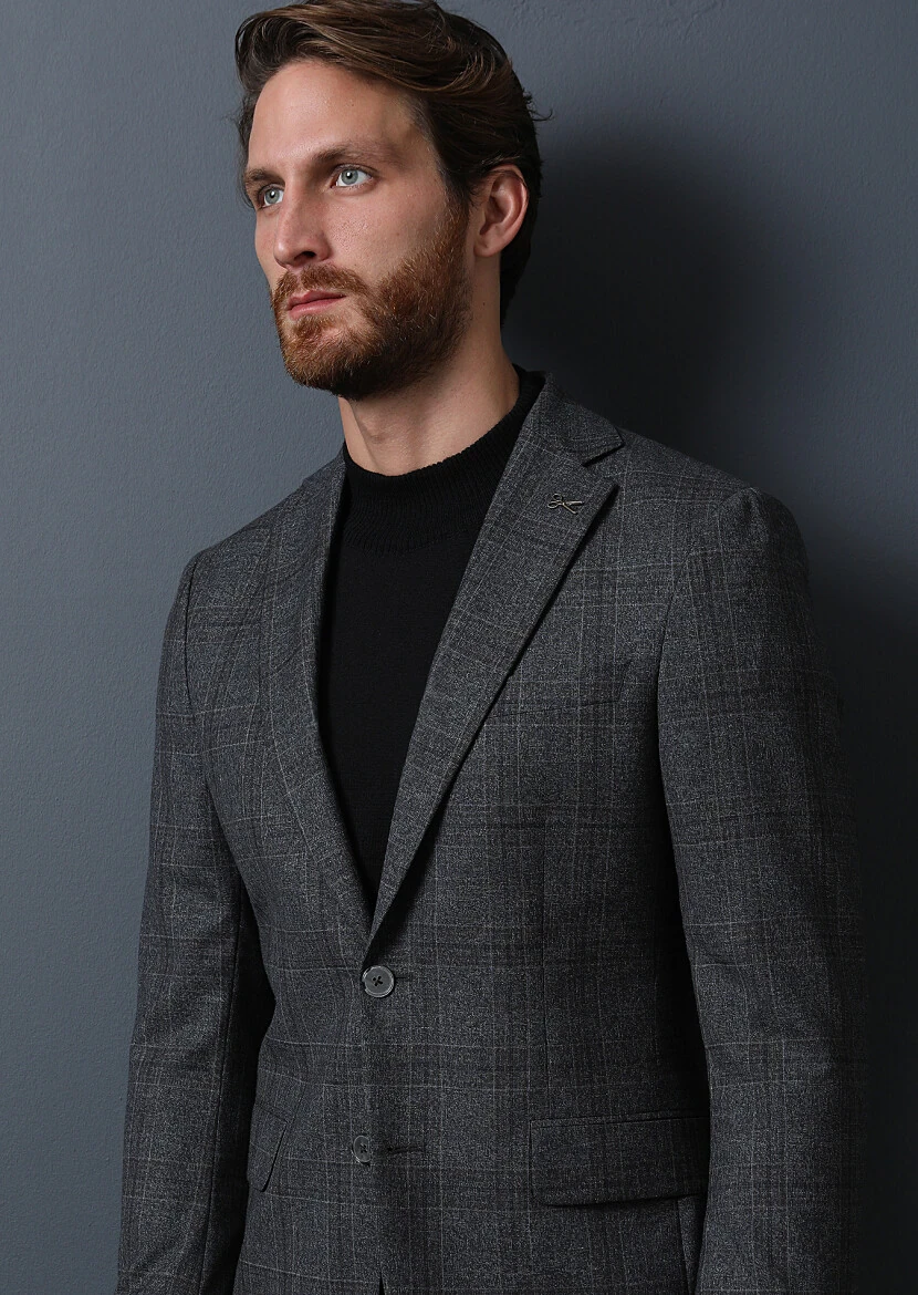 Antrasit Kareli Modern Fit Yün Karışımlı Takım Elbise - 1