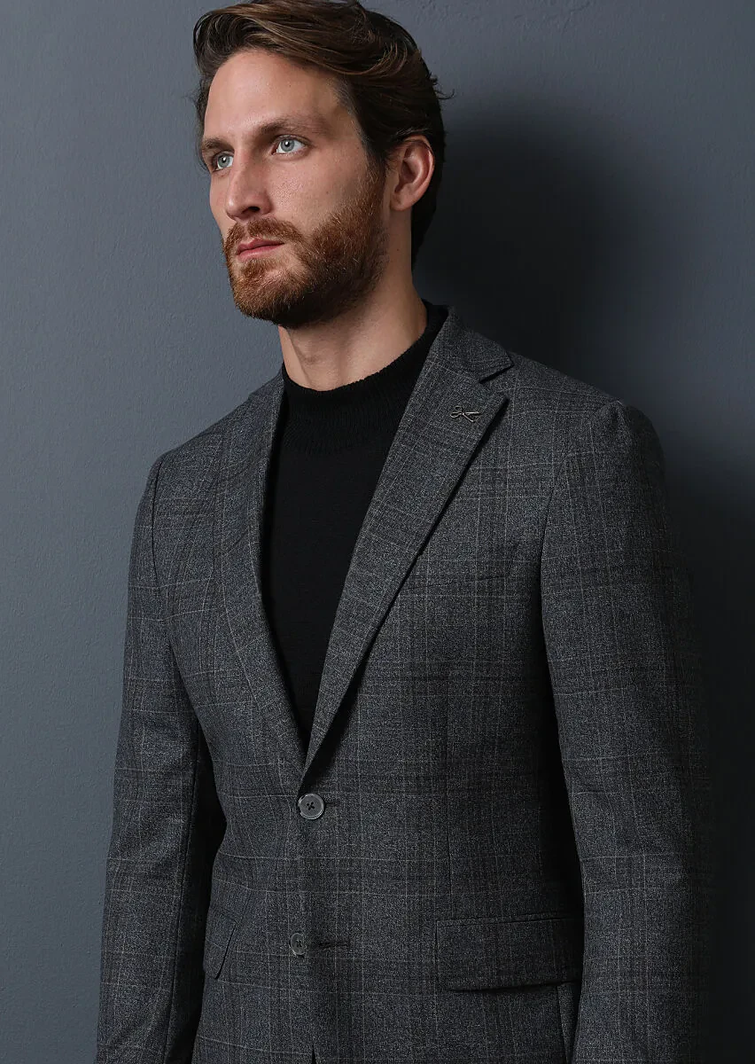 Antrasit Kareli Modern Fit Yün Karışımlı Takım Elbise - 1