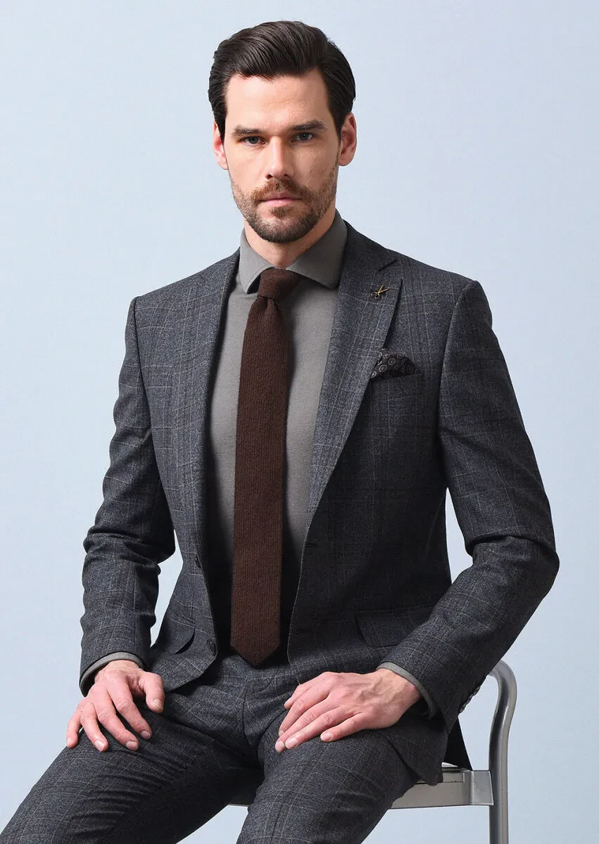 Antrasit Kareli Modern Fit Yün Karışımlı Takım Elbise - 4