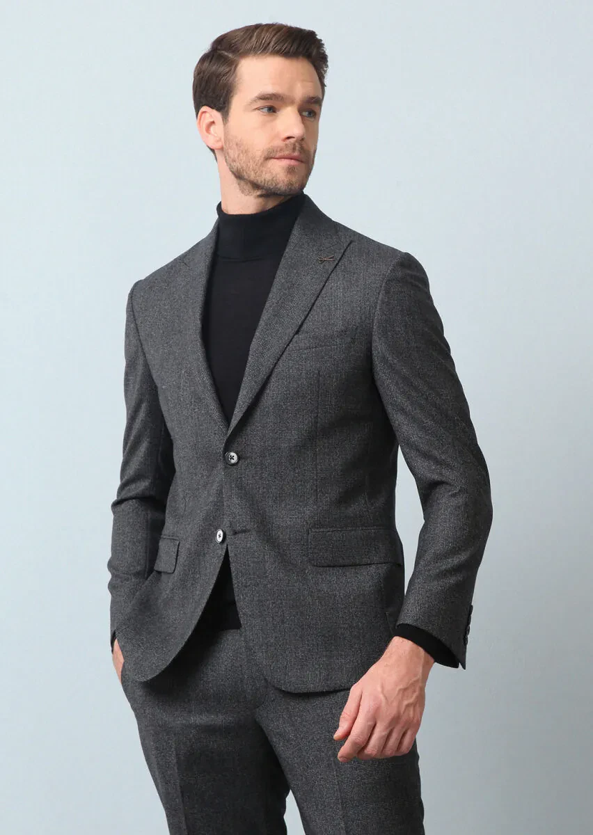 Antrasit Kareli Zeroweight Slim Fit %100 Yün Takım Elbise - 1