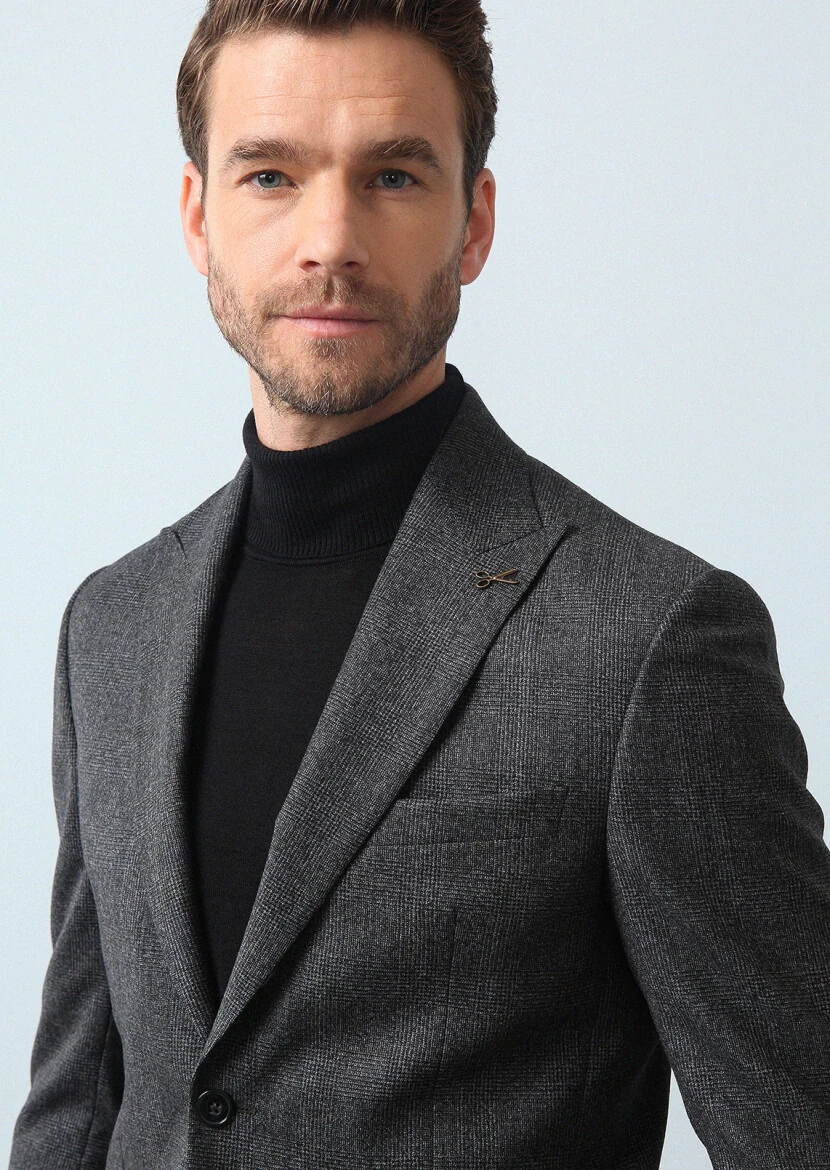 Antrasit Kareli Zeroweight Slim Fit %100 Yün Takım Elbise - 3