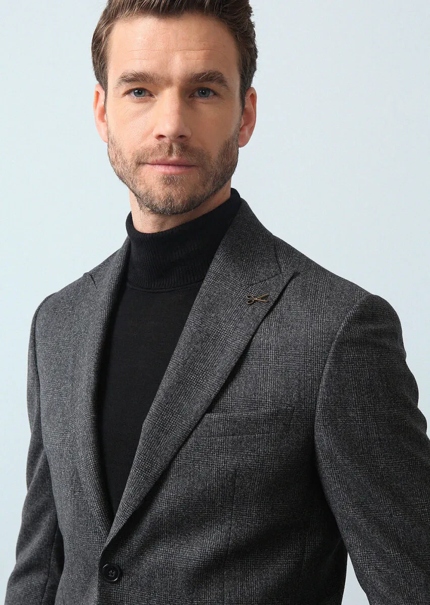 Antrasit Kareli Zeroweight Slim Fit %100 Yün Takım Elbise - 3