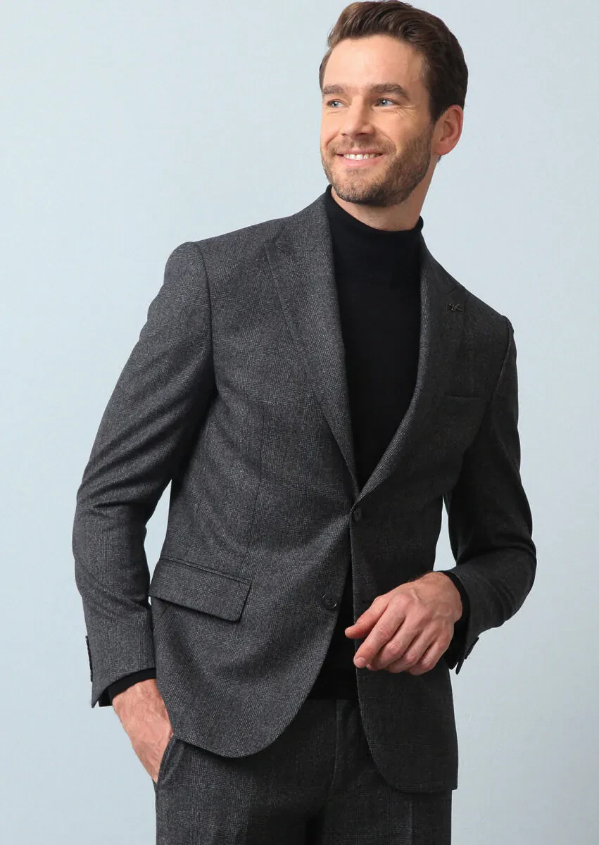 Antrasit Kareli Zeroweight Slim Fit %100 Yün Takım Elbise - 4