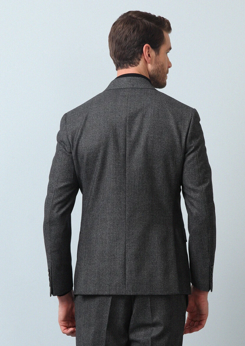 Antrasit Kareli Zeroweight Slim Fit %100 Yün Takım Elbise - 5