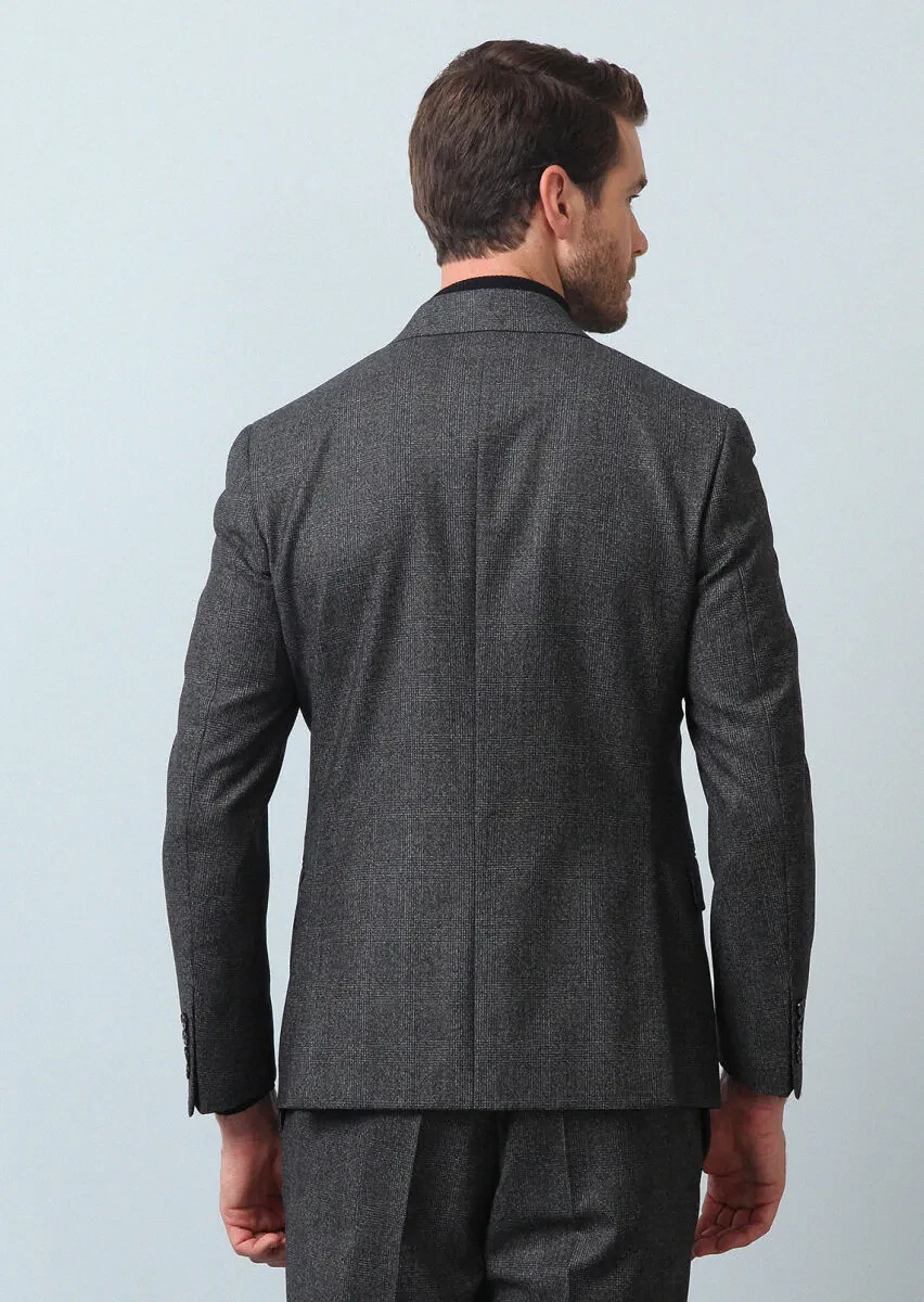 Antrasit Kareli Zeroweight Slim Fit %100 Yün Takım Elbise - 5