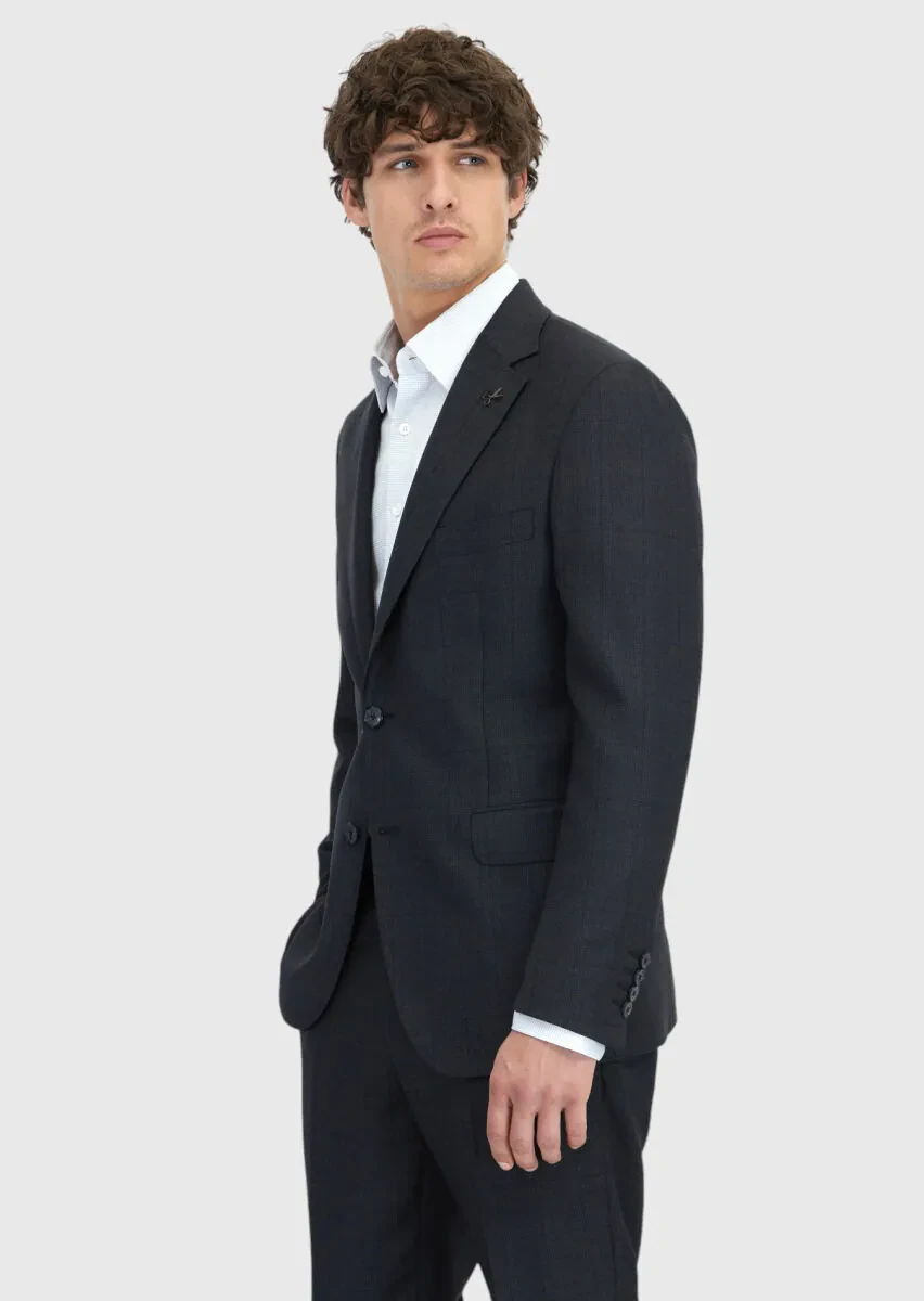 Antrasit Kareli Zeroweight Slim Fit %100 Yün Takım Elbise - 5