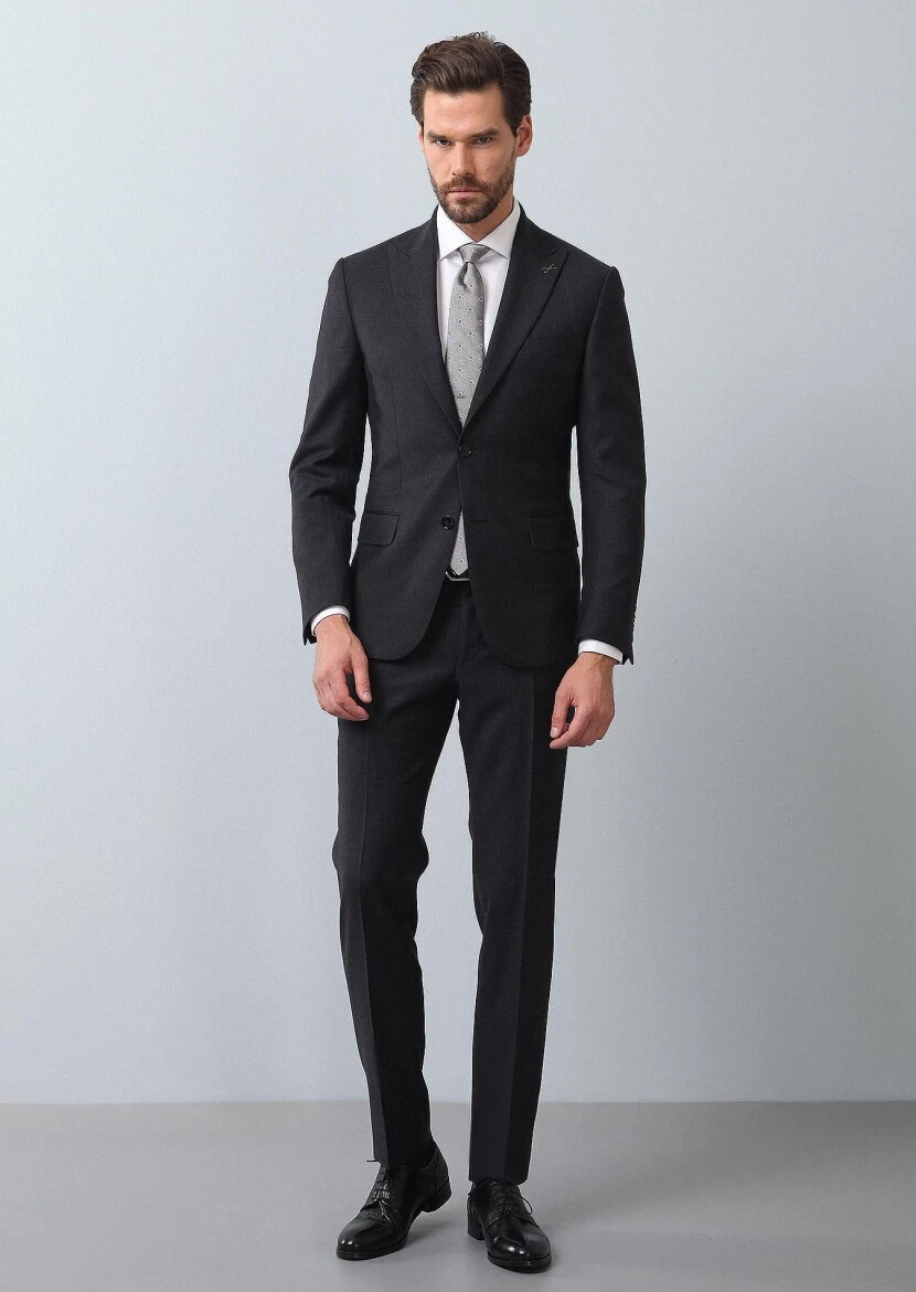 Antrasit Mikro Regular Fit %100 Yün Takım Elbise - 4