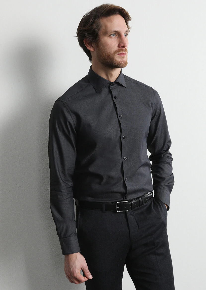 Antrasit Mikro Regular Fit Dokuma Klasik %100 Pamuk Gömlek - 1
