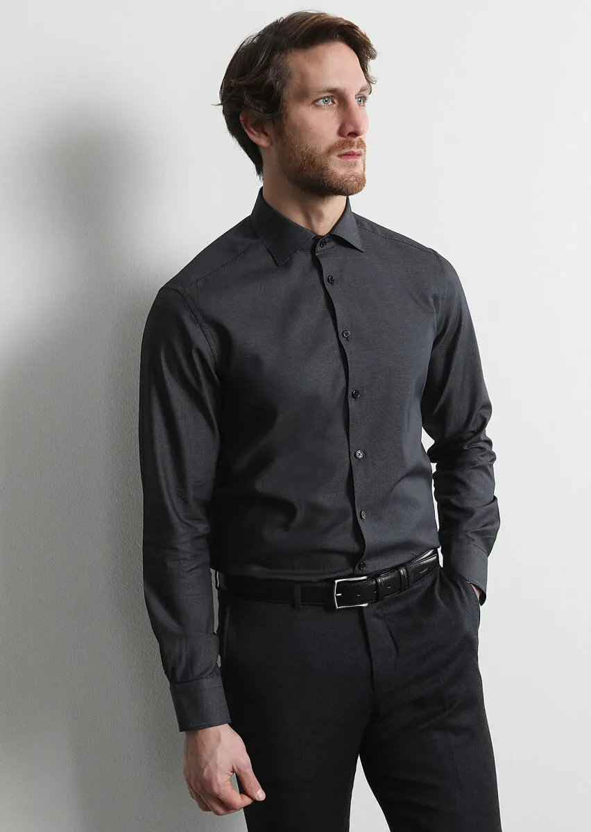 Antrasit Mikro Regular Fit Dokuma Klasik %100 Pamuk Gömlek - 1