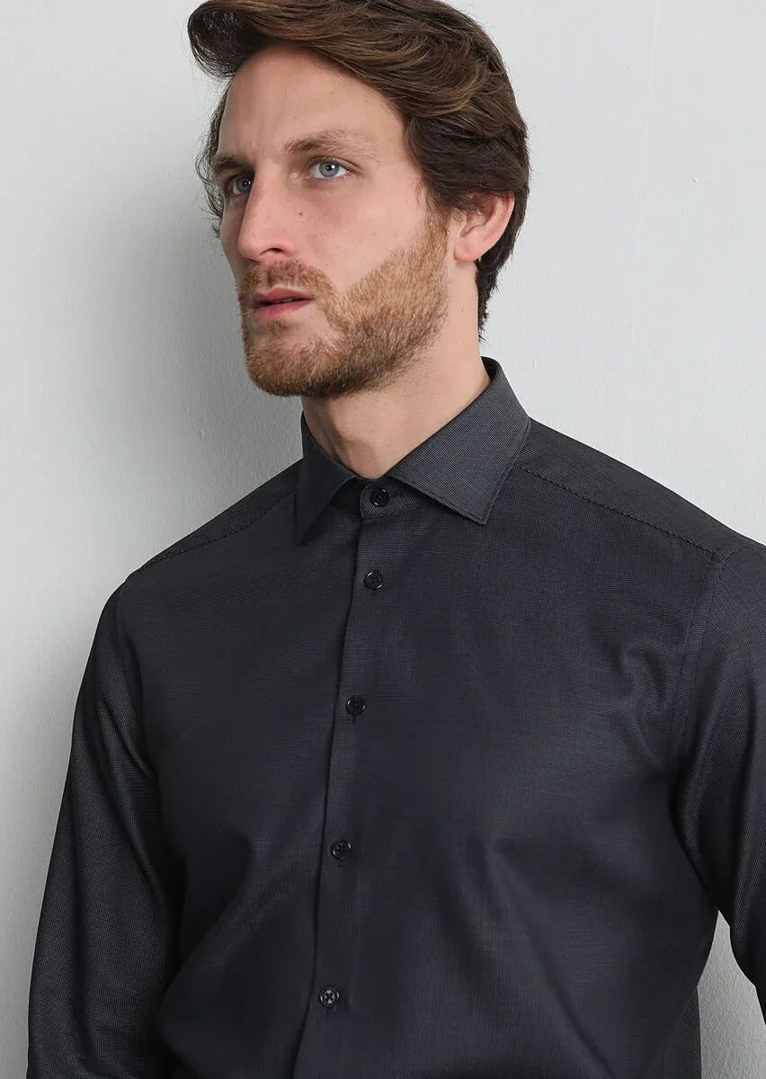 Antrasit Mikro Regular Fit Dokuma Klasik %100 Pamuk Gömlek - 2