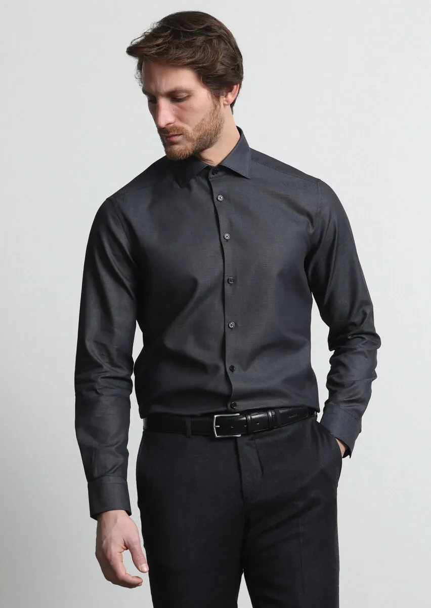 Antrasit Mikro Regular Fit Dokuma Klasik %100 Pamuk Gömlek - 3