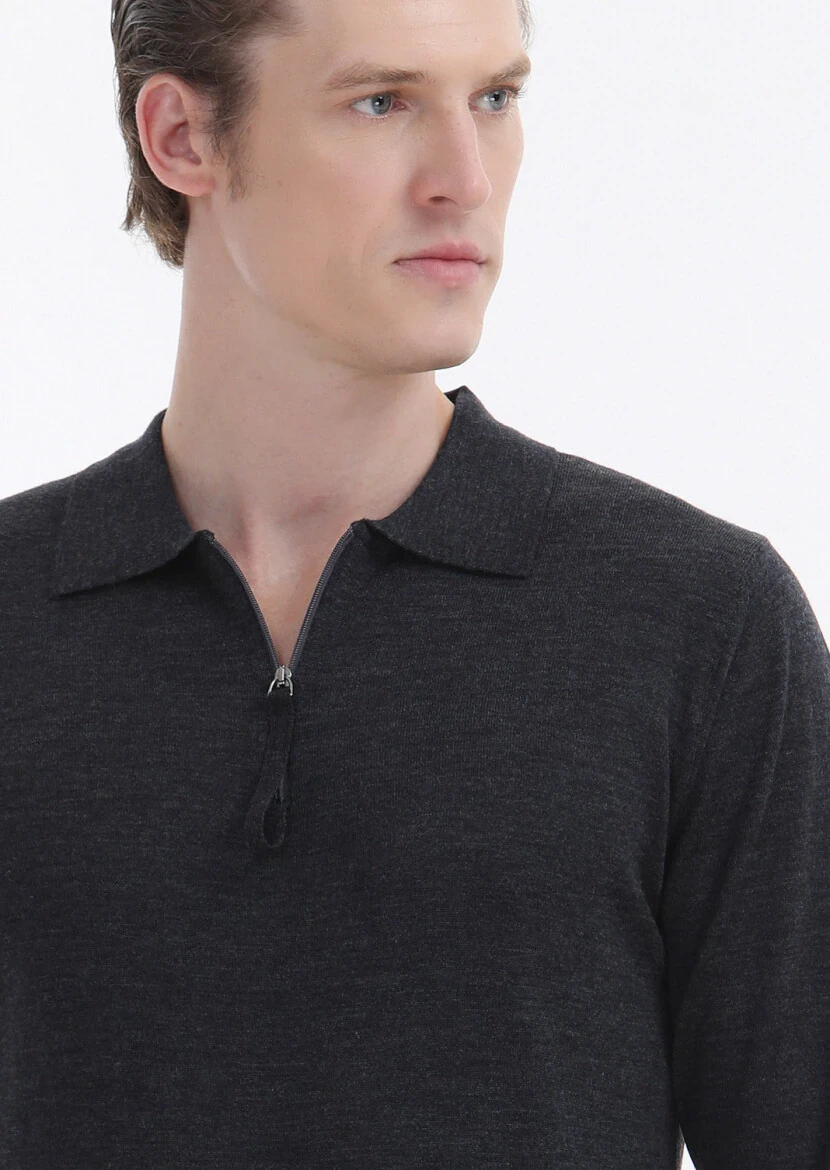 Antrasit Polo Yaka Düz Örgü %100 Yün Triko Kazak - 3