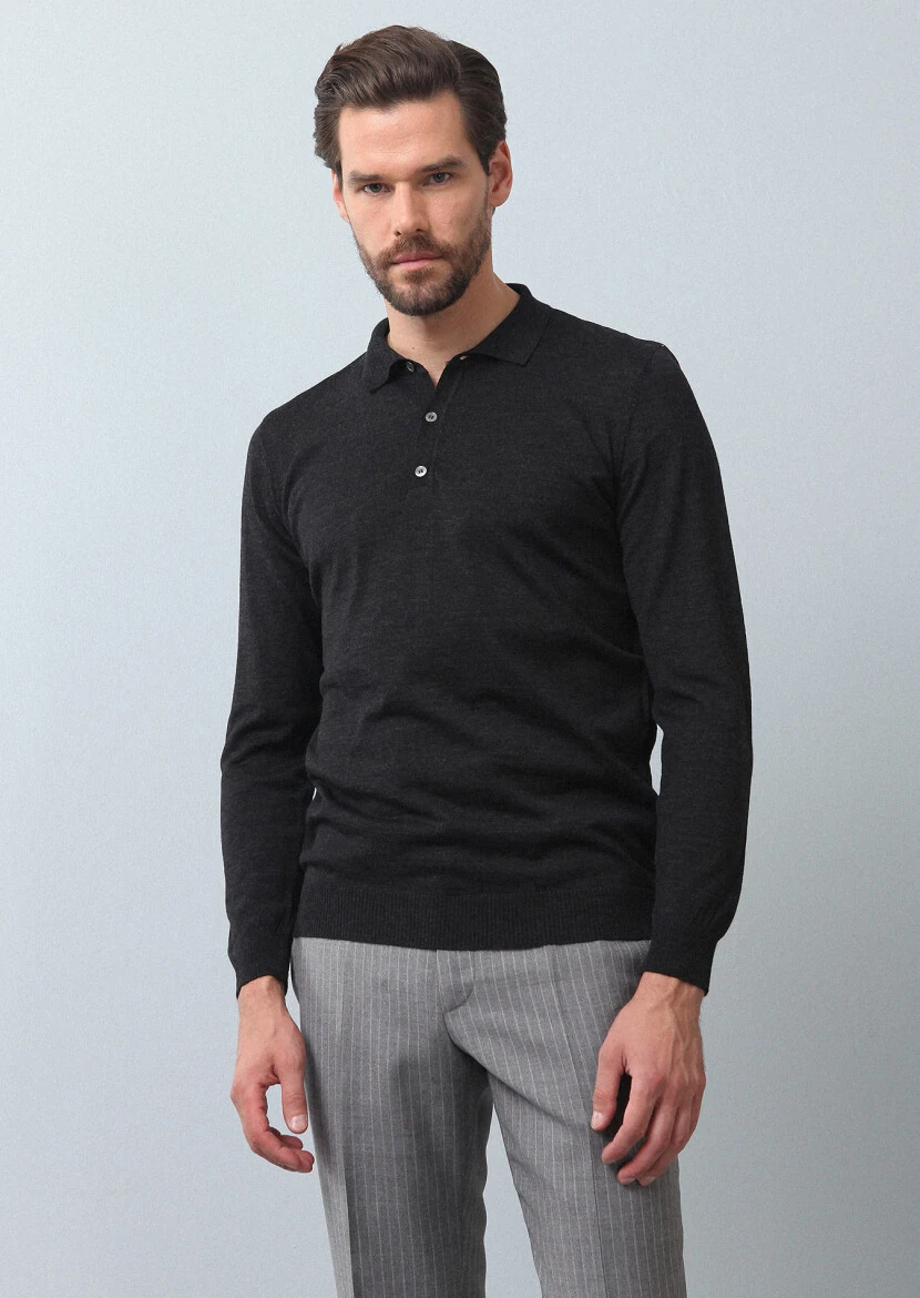 Antrasit Polo Yaka Düz Örgü Yün Karışımlı Triko Kazak 