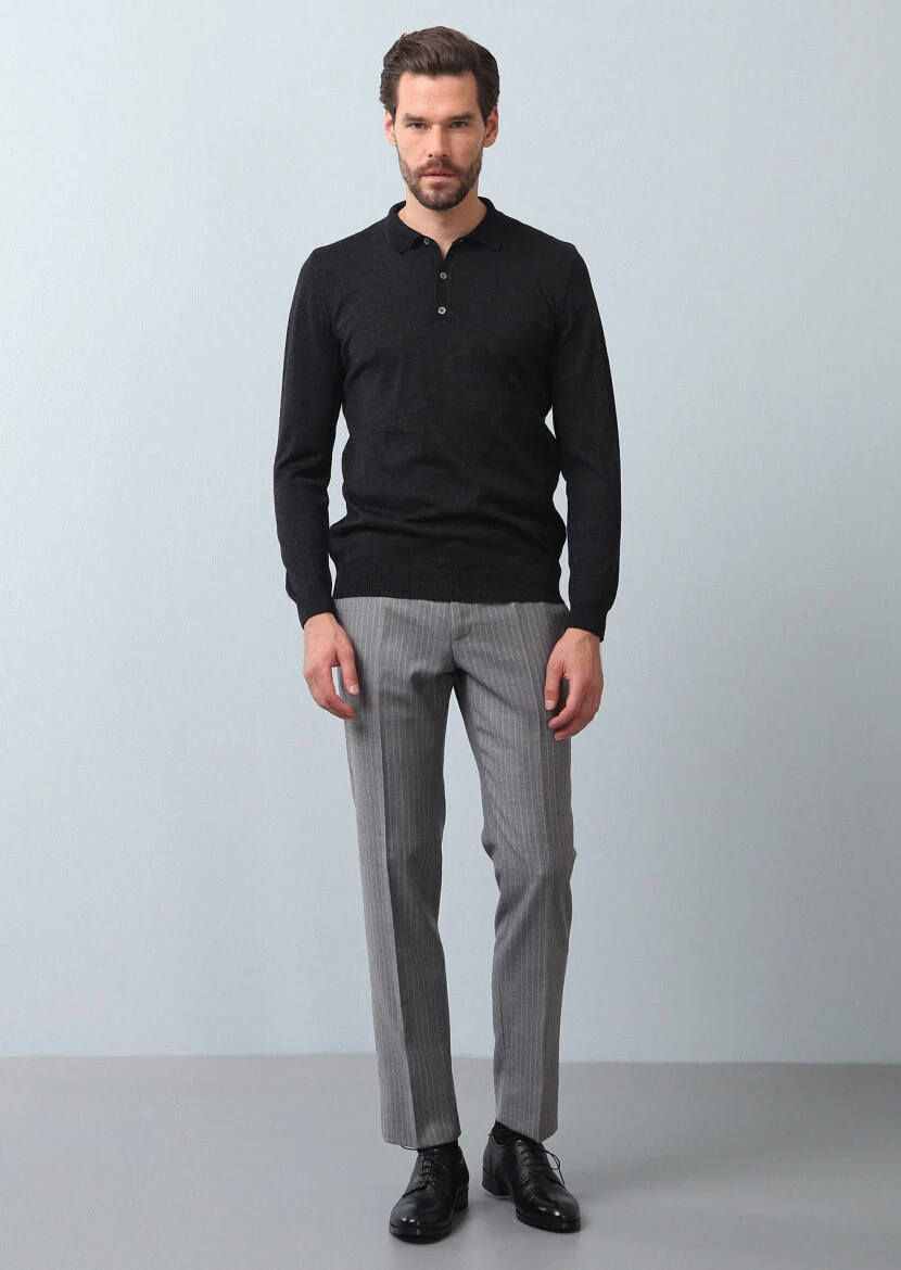 Antrasit Polo Yaka Düz Örgü Yün Karışımlı Triko Kazak - 3