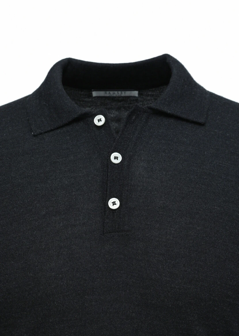 Antrasit Polo Yaka Düz Örgü Yün Karışımlı Triko Kazak 