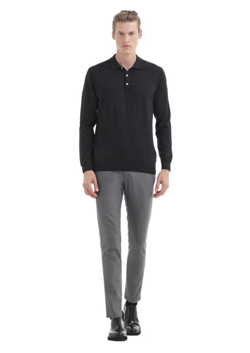 Antrasit Polo Yaka Düz Örgü Yün Karışımlı Triko Kazak 