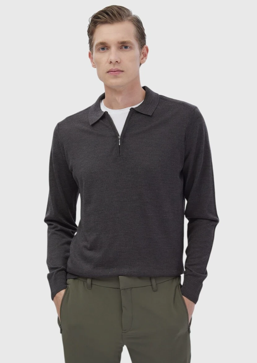 Antrasit Polo Yaka Düz Örgü Yün Karışımlı Triko Kazak - 1