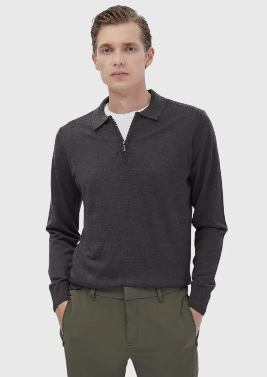 Antrasit Polo Yaka Düz Örgü Yün Karışımlı Triko Kazak - 1
