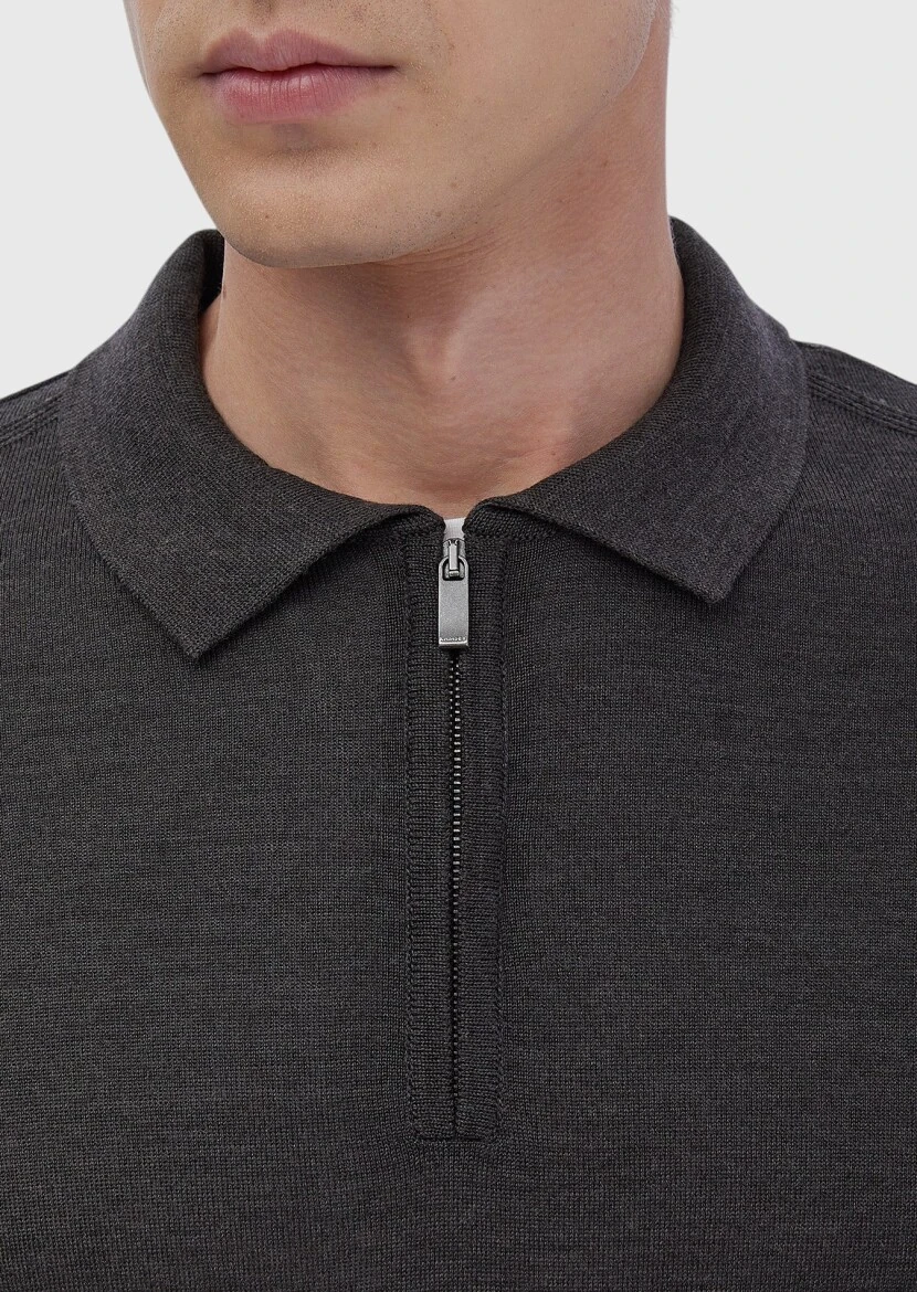 Antrasit Polo Yaka Düz Örgü Yün Karışımlı Triko Kazak - 4