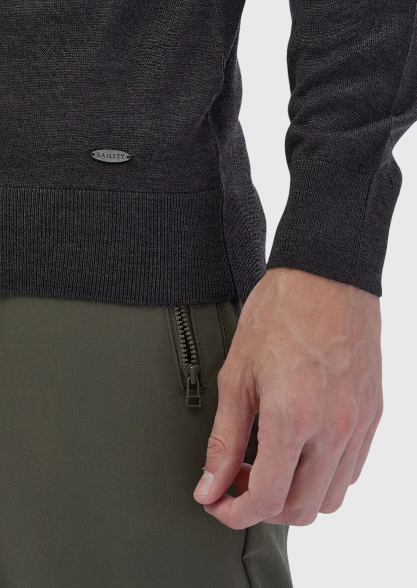 Antrasit Polo Yaka Düz Örgü Yün Karışımlı Triko Kazak - 5