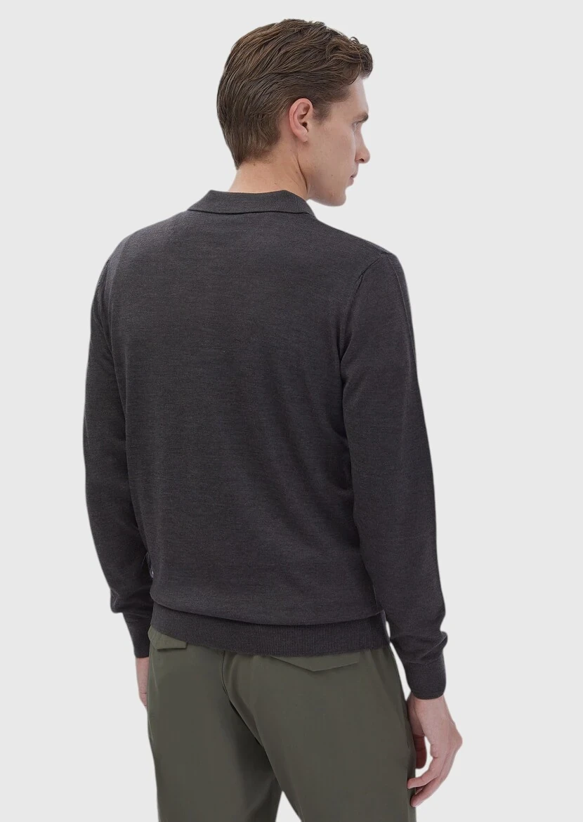 Antrasit Polo Yaka Düz Örgü Yün Karışımlı Triko Kazak - 6