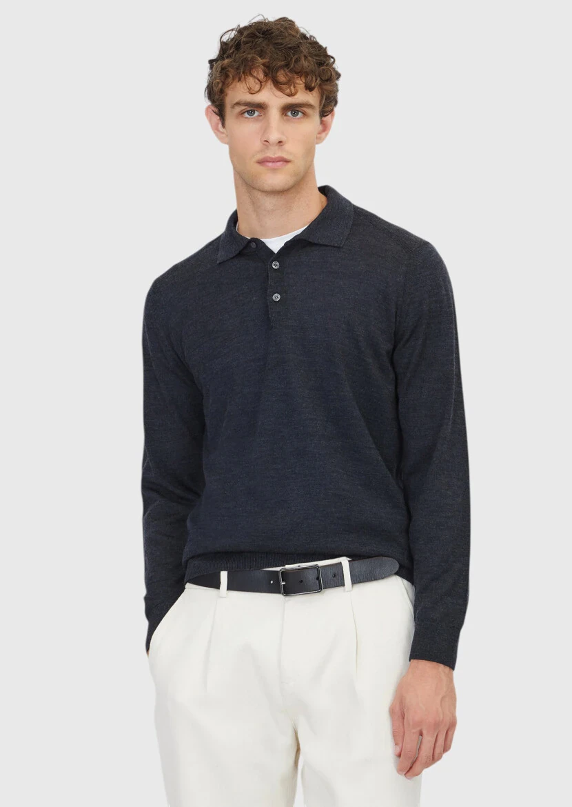 Antrasit Polo Yaka Düz Örgü Yün Karışımlı Triko Kazak - 1