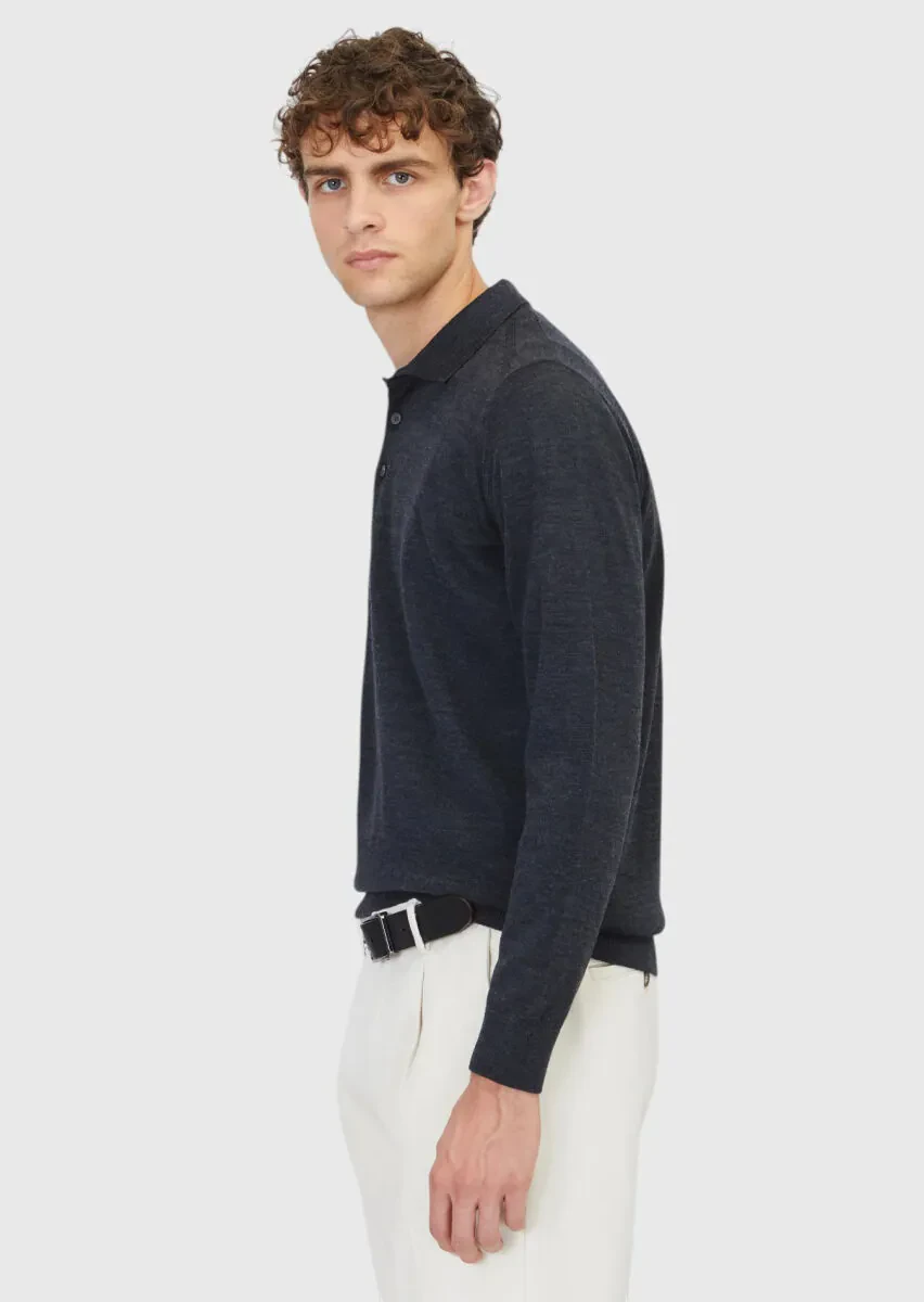 Antrasit Polo Yaka Düz Örgü Yün Karışımlı Triko Kazak - 3