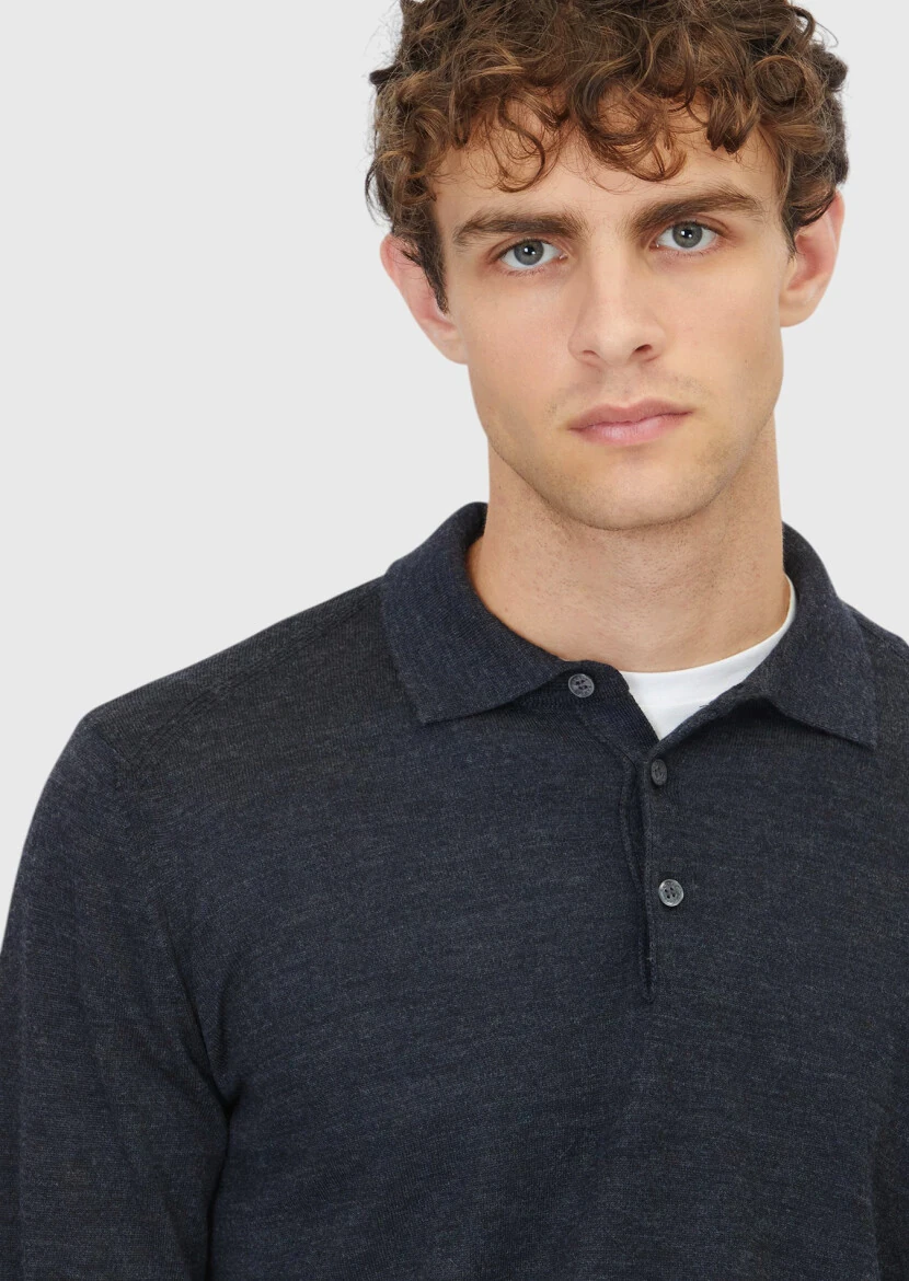 Antrasit Polo Yaka Düz Örgü Yün Karışımlı Triko Kazak - 4