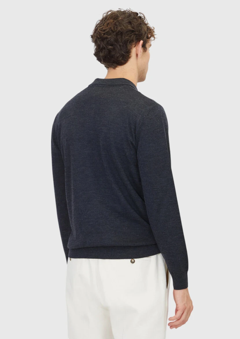 Antrasit Polo Yaka Düz Örgü Yün Karışımlı Triko Kazak - 6